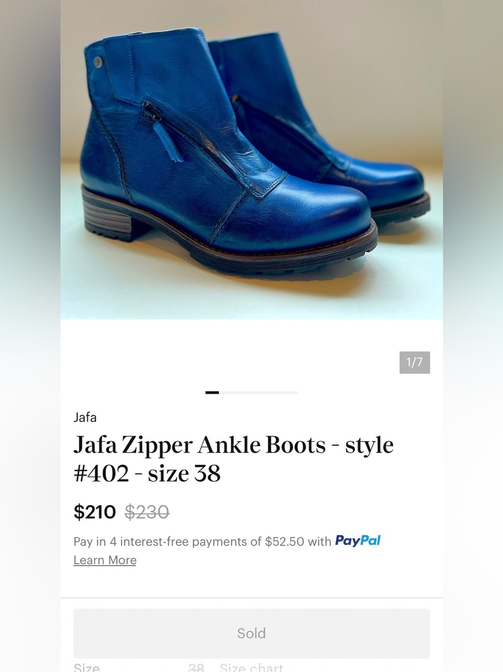 Jafa Leather Handmade Zip-Front Moto Combat Ankle Boots Womens 38 US 7-7.5 Blue - Picture 16 of 16
